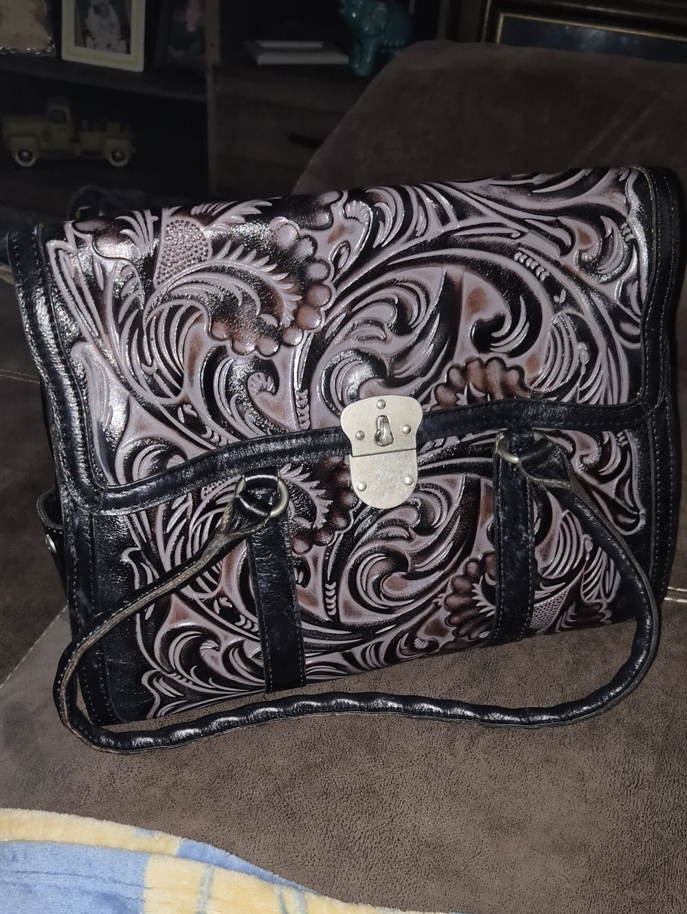 Patricia Nash Black and Brown Tooled Leather Shoulder Bag And Wallet